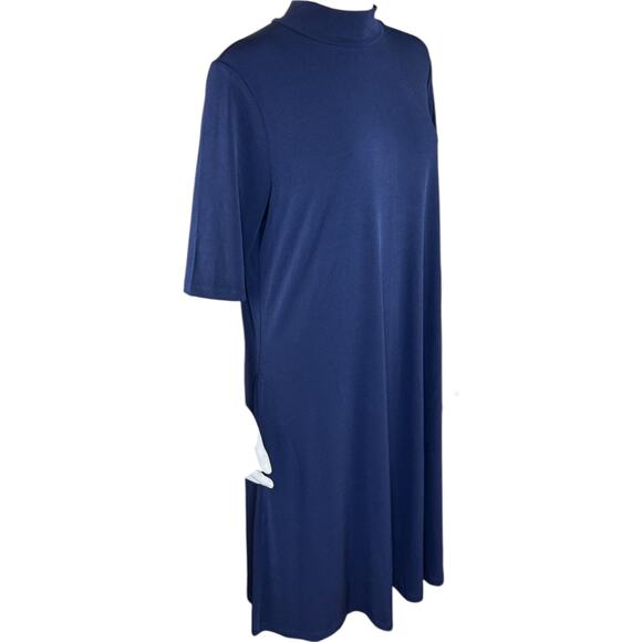 Susan Graver Liquid Knit Mock-Neck Elbow-Sleeve Dress Navy Large - Picture 13 of 16